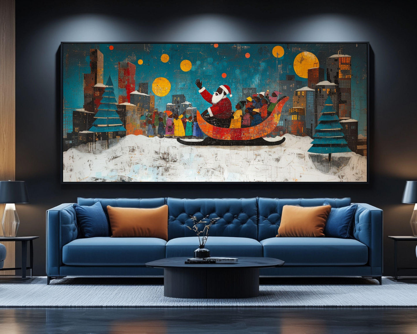 Black Santa in Sleigh | Jacob Lawrence-Inspired Christmas Art | African American Holiday Wall Art | Urban Christmas | Colorful Holiday Art