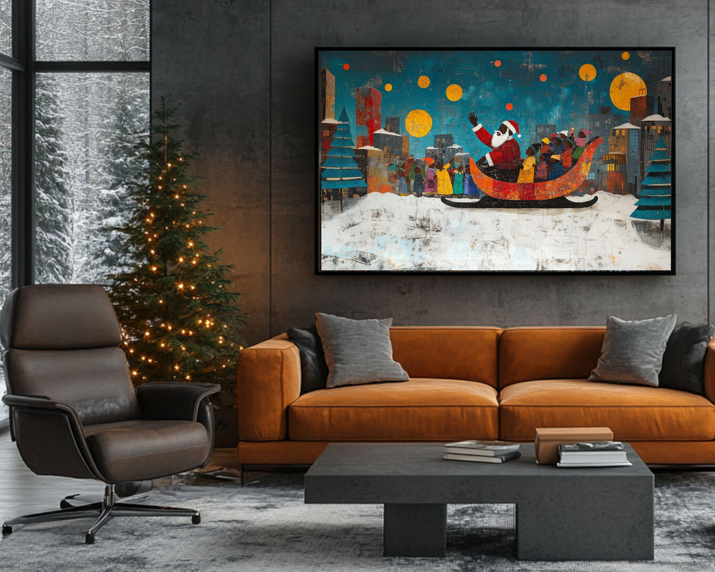 Black Santa in Sleigh | Jacob Lawrence-Inspired Christmas Art | African American Holiday Wall Art | Urban Christmas | Colorful Holiday Art