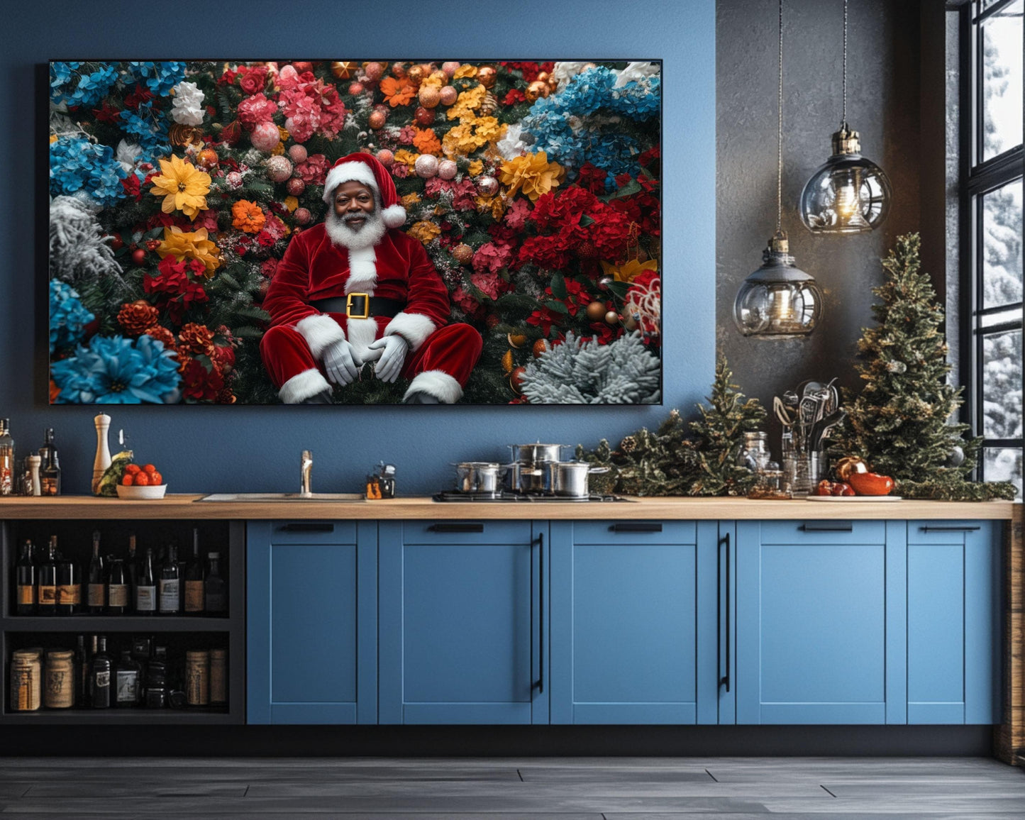 Black Santa in Floral Wonderland | Mickalene Thomas-Inspired Christmas Art | African American Holiday Wall Art | Black Artist Decor