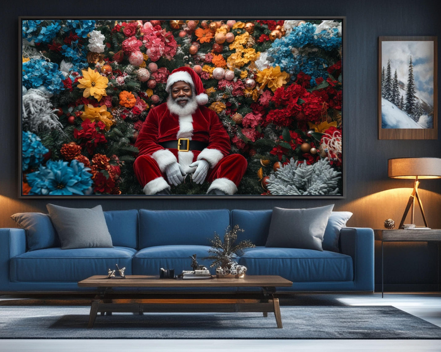 Black Santa in Floral Wonderland | Mickalene Thomas-Inspired Christmas Art | African American Holiday Wall Art | Black Artist Decor