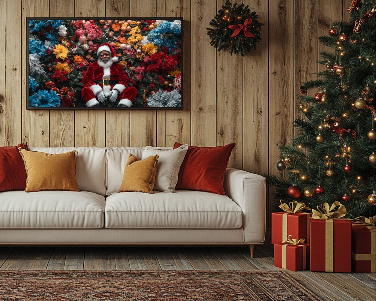 Black Santa in Floral Wonderland | Mickalene Thomas-Inspired Christmas Art | African American Holiday Wall Art | Black Artist Decor