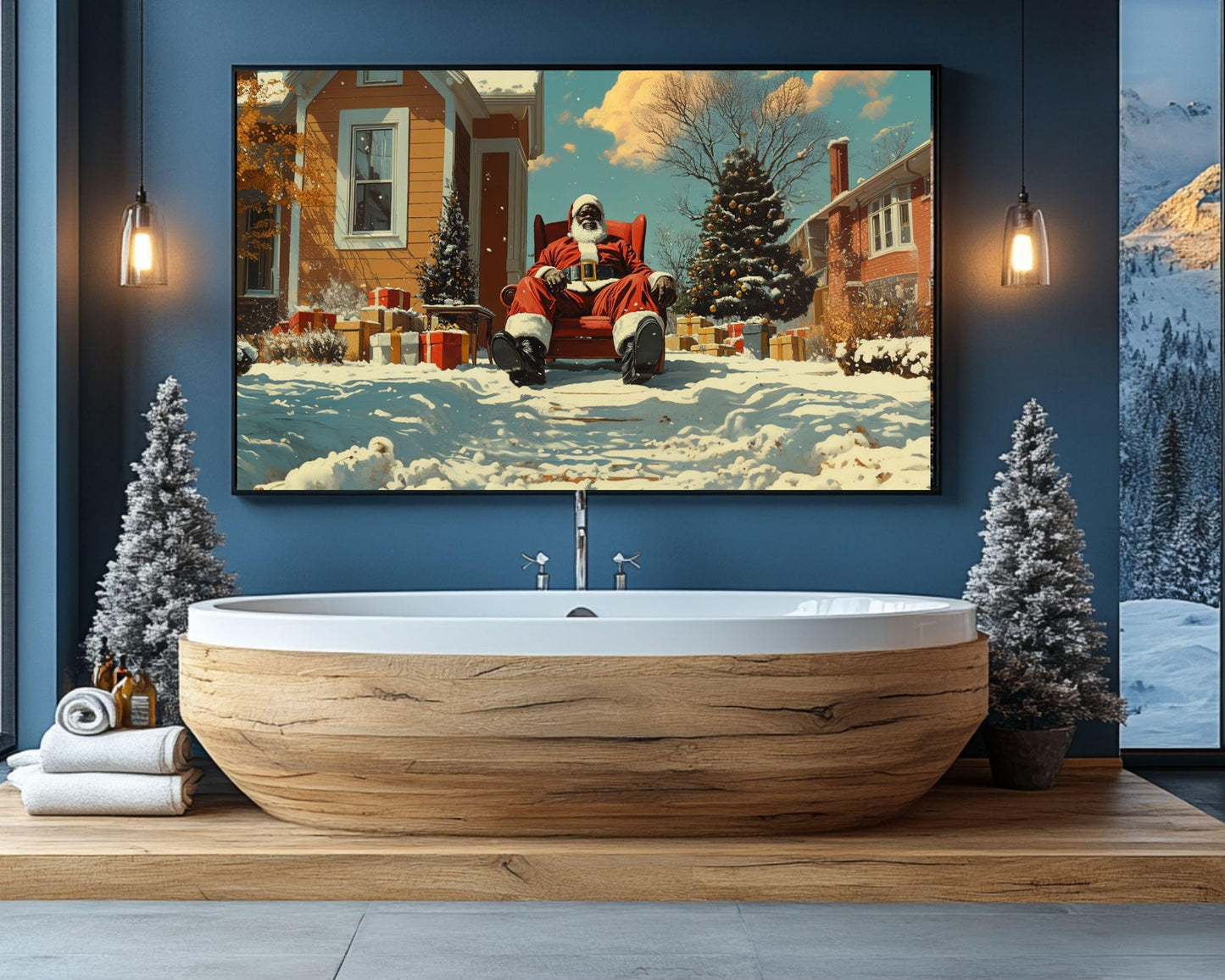 Black Santa Relaxing in Snowy Front Yard | Kerry James Marshall-Inspired Christmas Art | African American Holiday Wall Art | Winter Scene