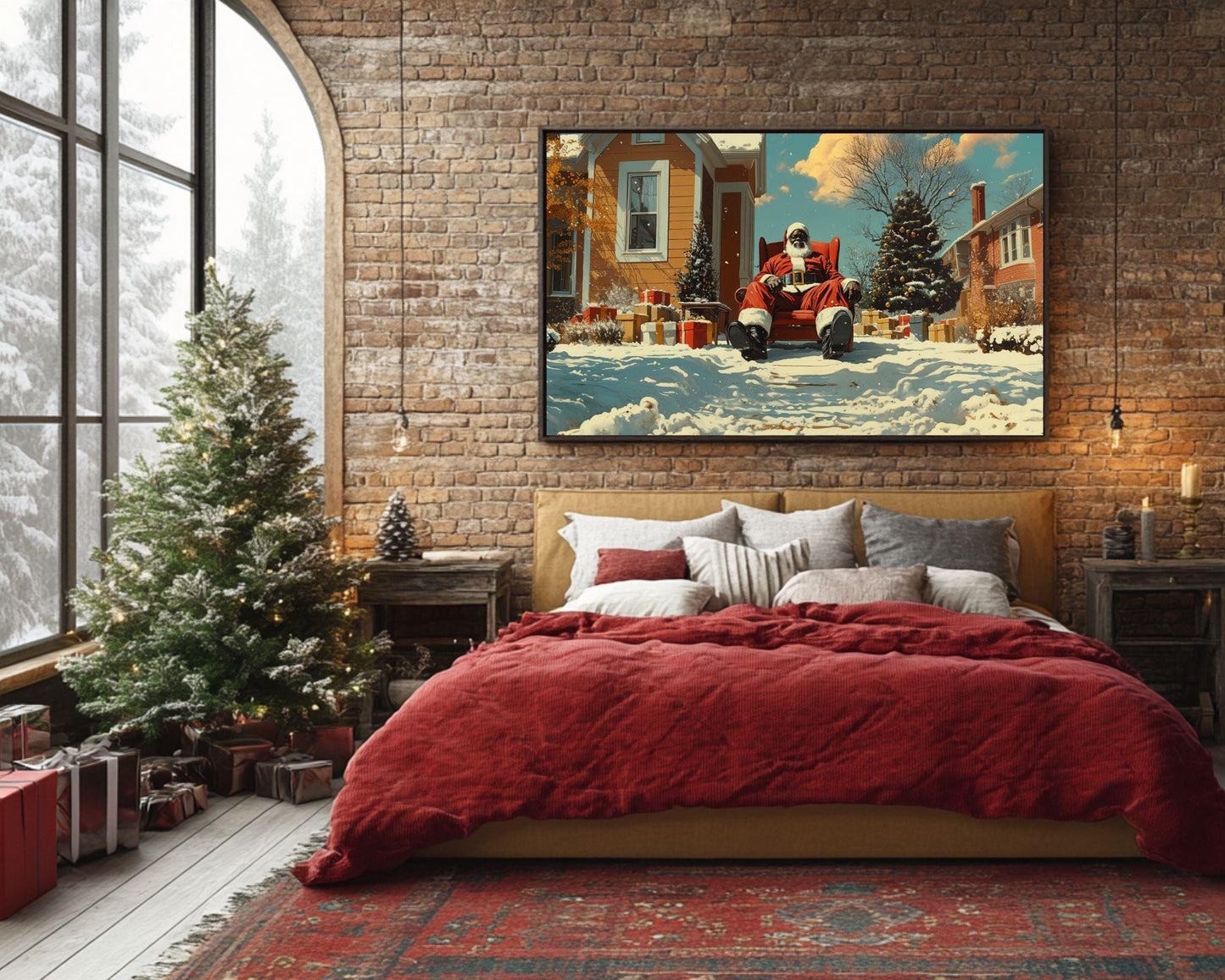 Black Santa Relaxing in Snowy Front Yard | Kerry James Marshall-Inspired Christmas Art | African American Holiday Wall Art | Winter Scene