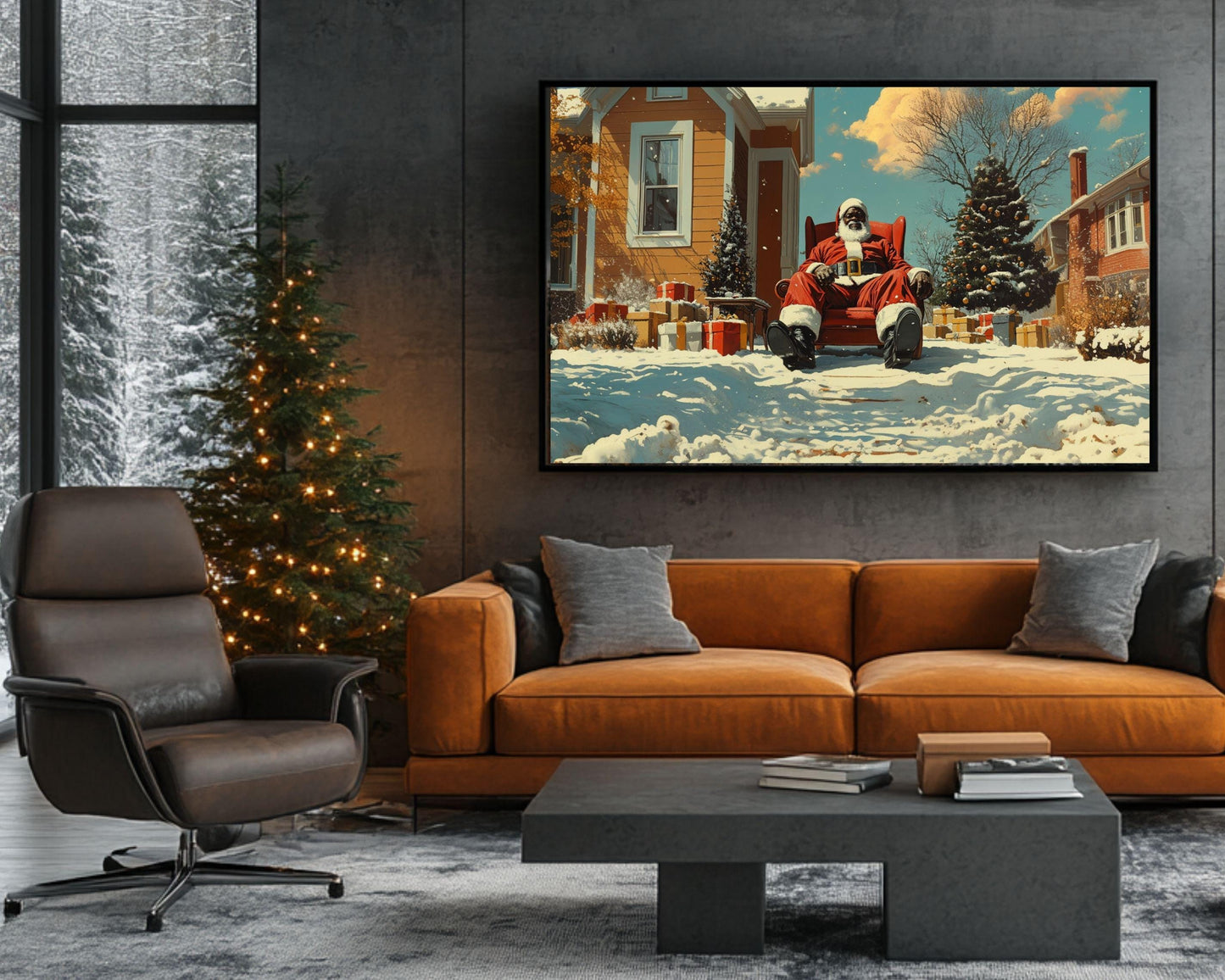 Black Santa Relaxing in Snowy Front Yard | Kerry James Marshall-Inspired Christmas Art | African American Holiday Wall Art | Winter Scene