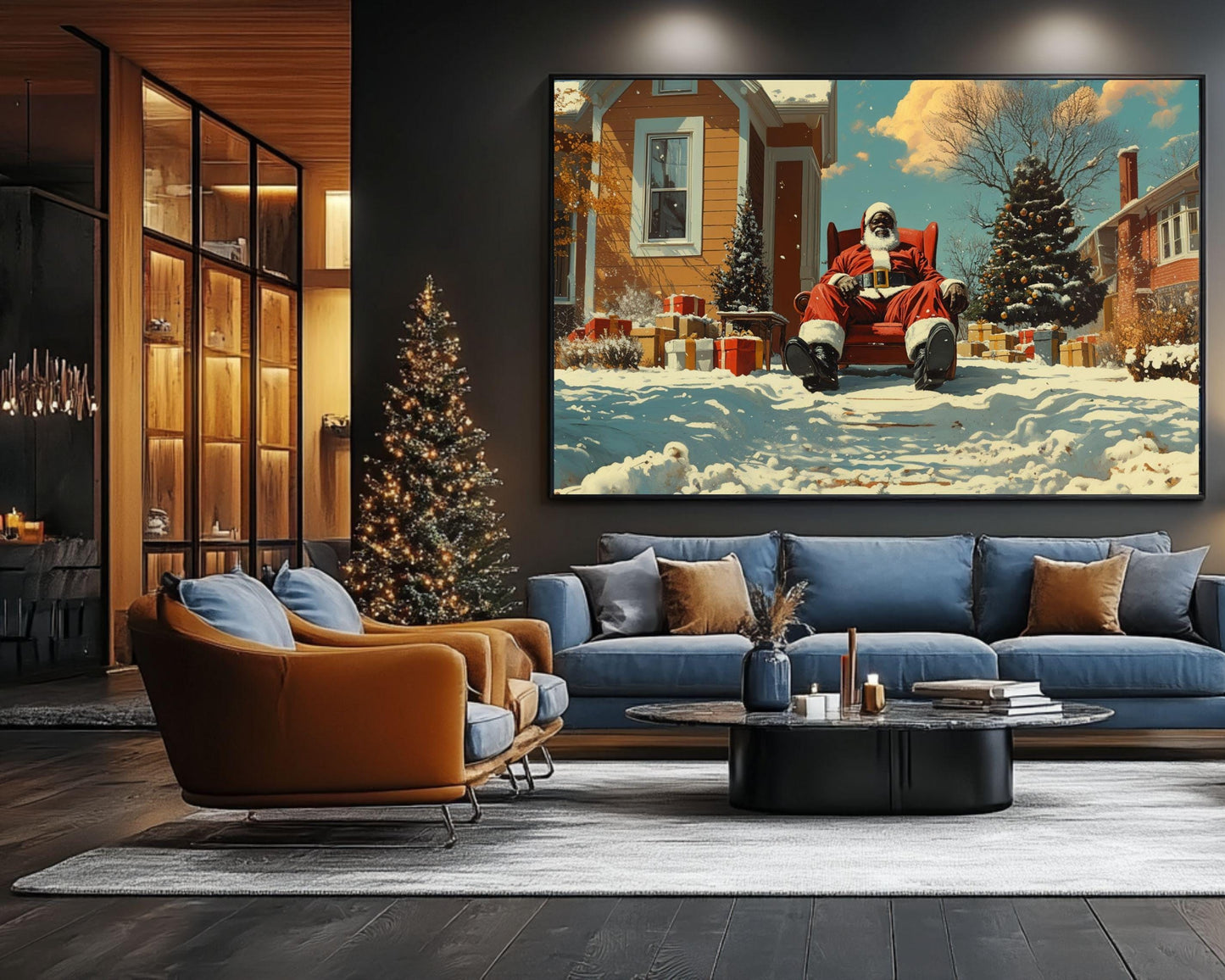 Black Santa Relaxing in Snowy Front Yard | Kerry James Marshall-Inspired Christmas Art | African American Holiday Wall Art | Winter Scene