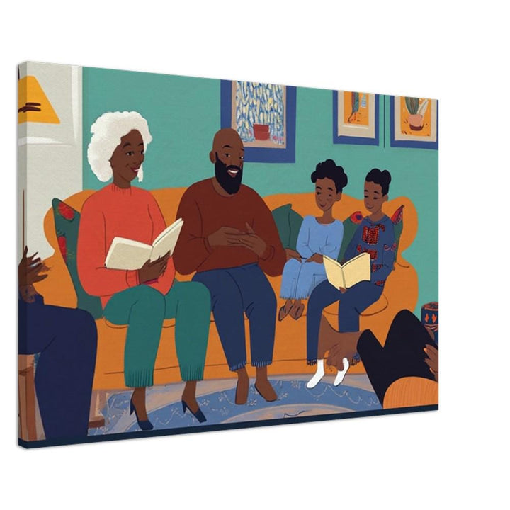Black family enjoying storytime, designed as vibrant African American wall art on canvas.