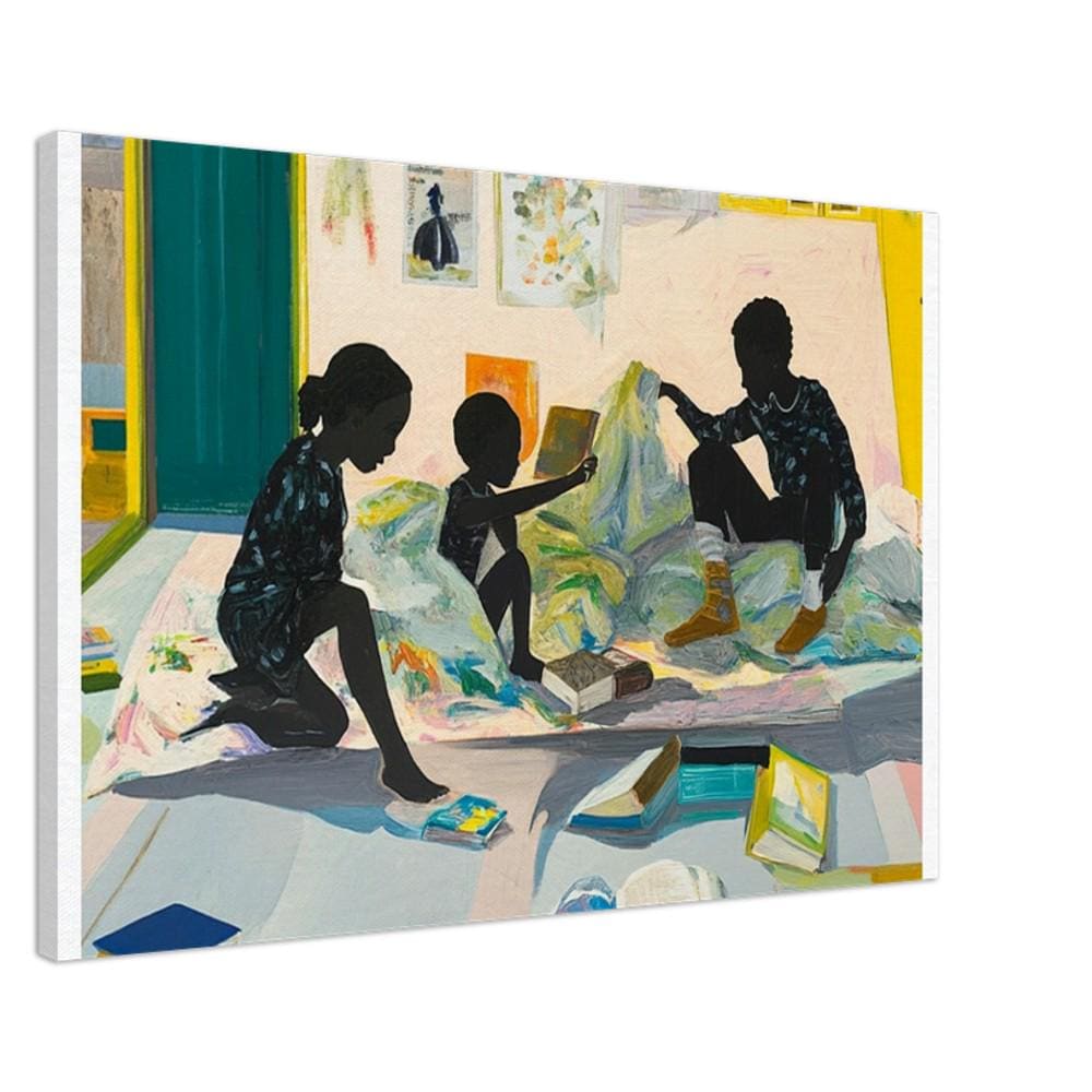 Black siblings engrossed in reading, vibrant colors capturing the essence of african american wall art.