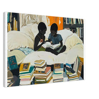 Black siblings reading together in vibrant colors, showcasing the beauty of family. Perfect for any african american wall art collection.