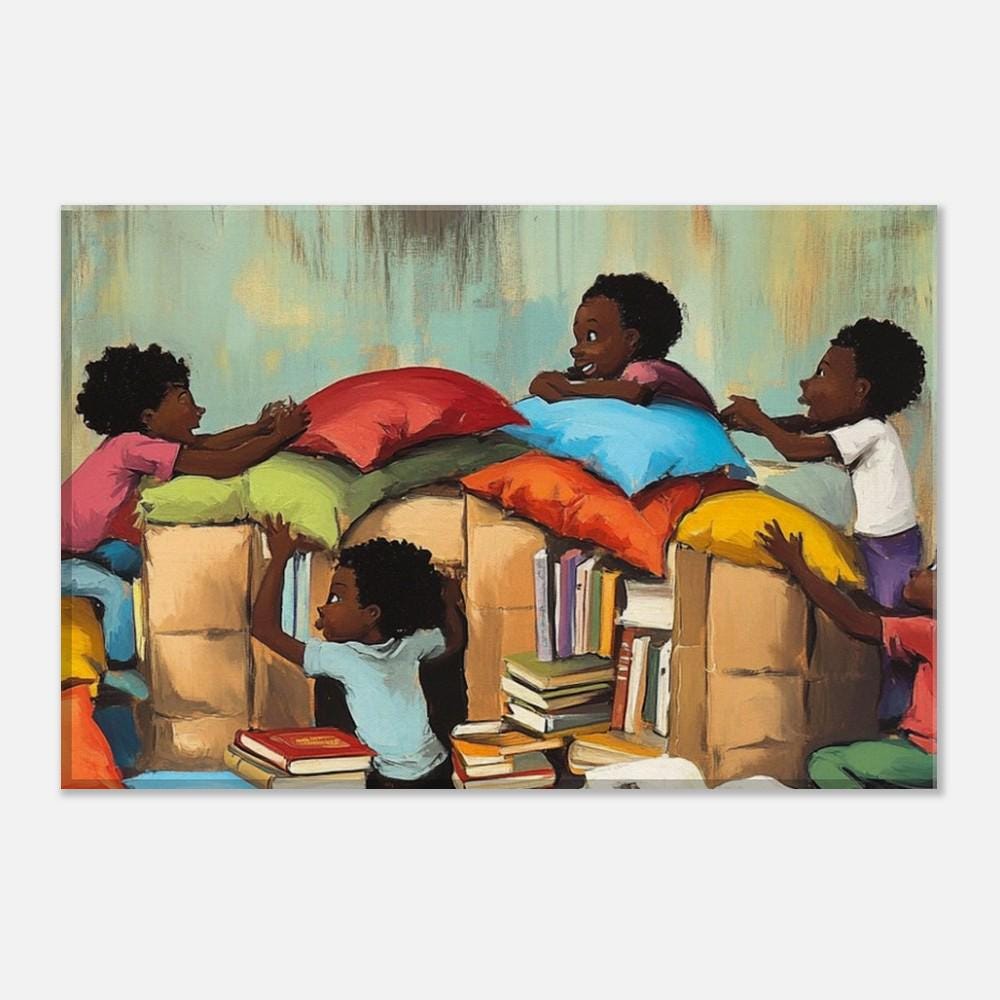 Black Children Building a Pillow Fort | Playful Afrocentric Wall Art | Inspiring Kids Room Decor