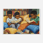 Black children engaged in reading, featuring vibrant colors in this African American wall art canvas design.
