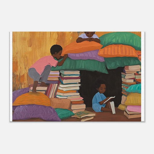 Black Children Building a Book Fort | Afrocentric Playful Wall Art | Inspiring Kids Room Decor Celebrating Imagination & Learning