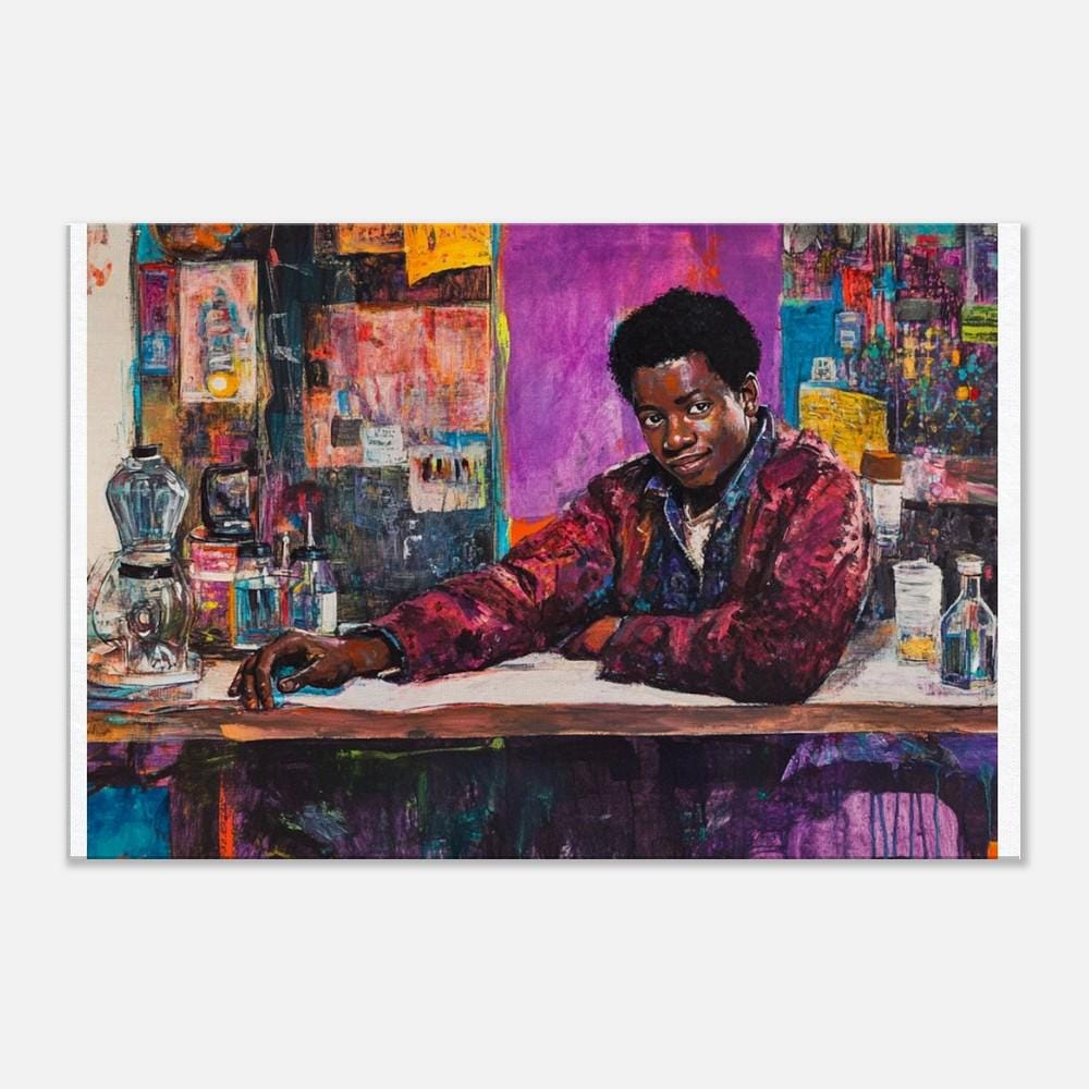 Black man in an artist studio, vibrant colors and textures, showcasing African American wall art creativity.