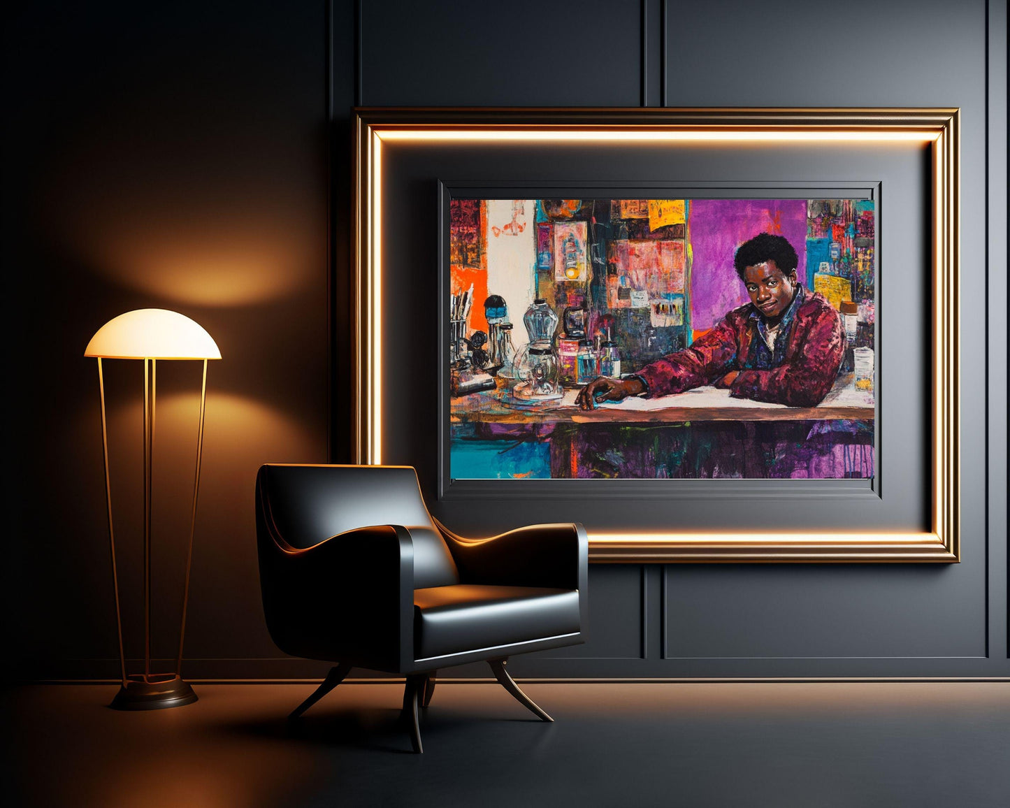 Confident Black Man in Vibrant Studio | Afrocentric Abstract Wall Art | Inspirational Art for Creative Spaces & Studios