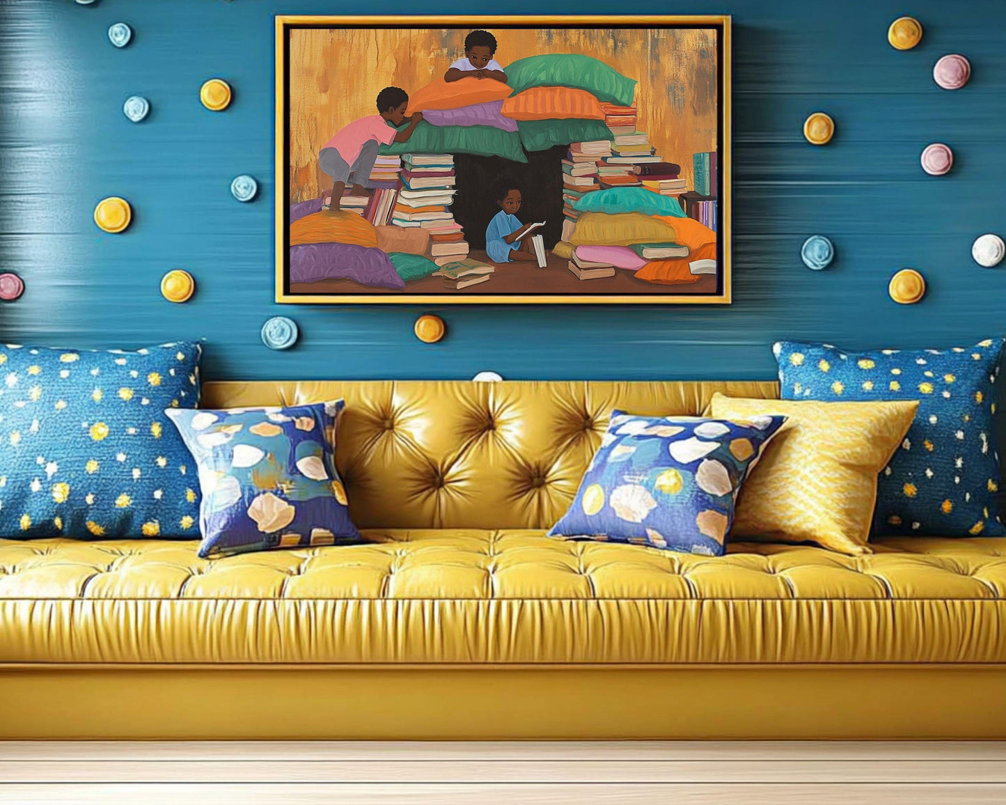 Black Children Building a Book Fort | Afrocentric Playful Wall Art | Inspiring Kids Room Decor Celebrating Imagination & Learning