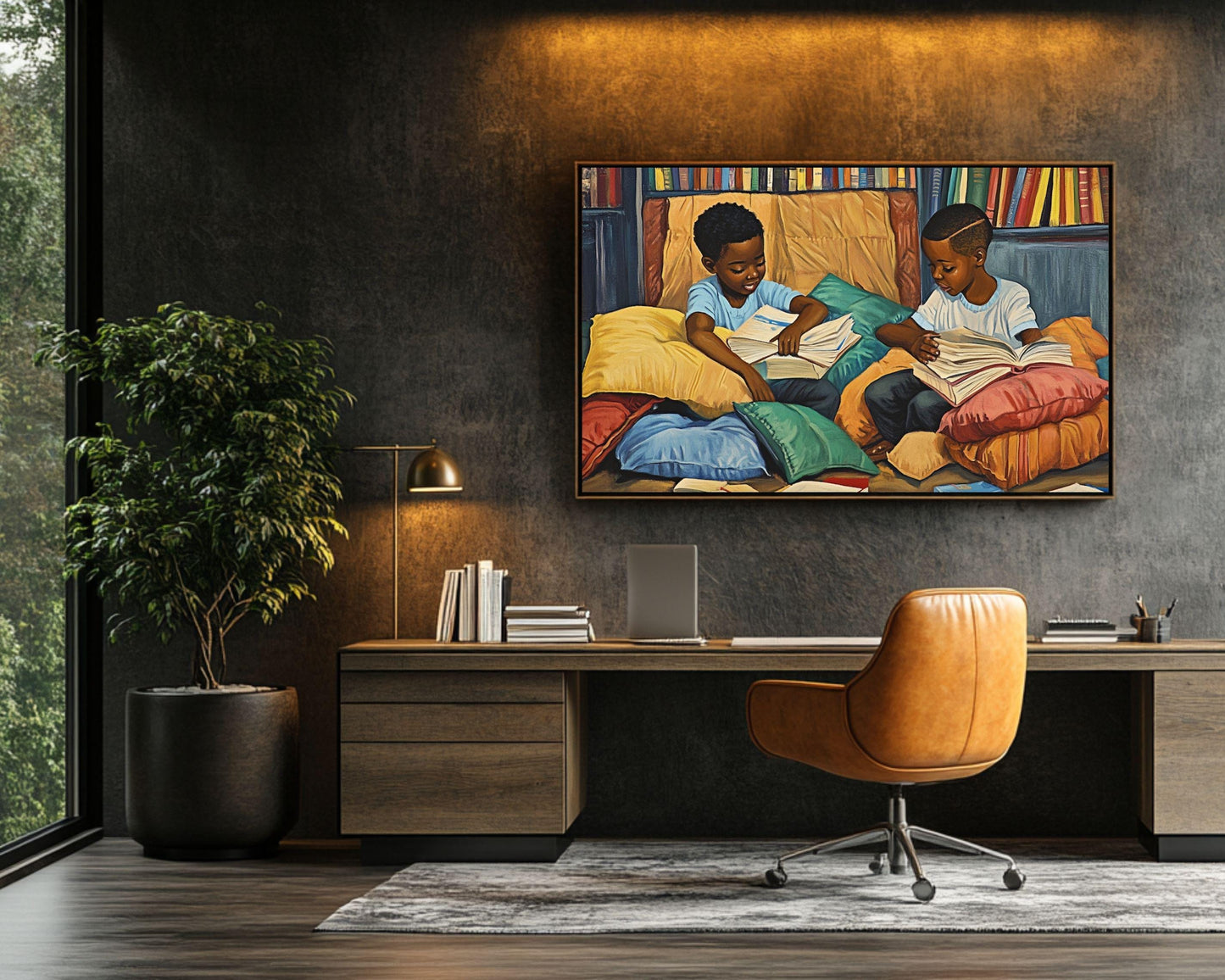 Black Boys Reading Together | Afrocentric Educational Wall Art | Inspiring Kids Room Decor Celebrating Literacy & Brotherhood