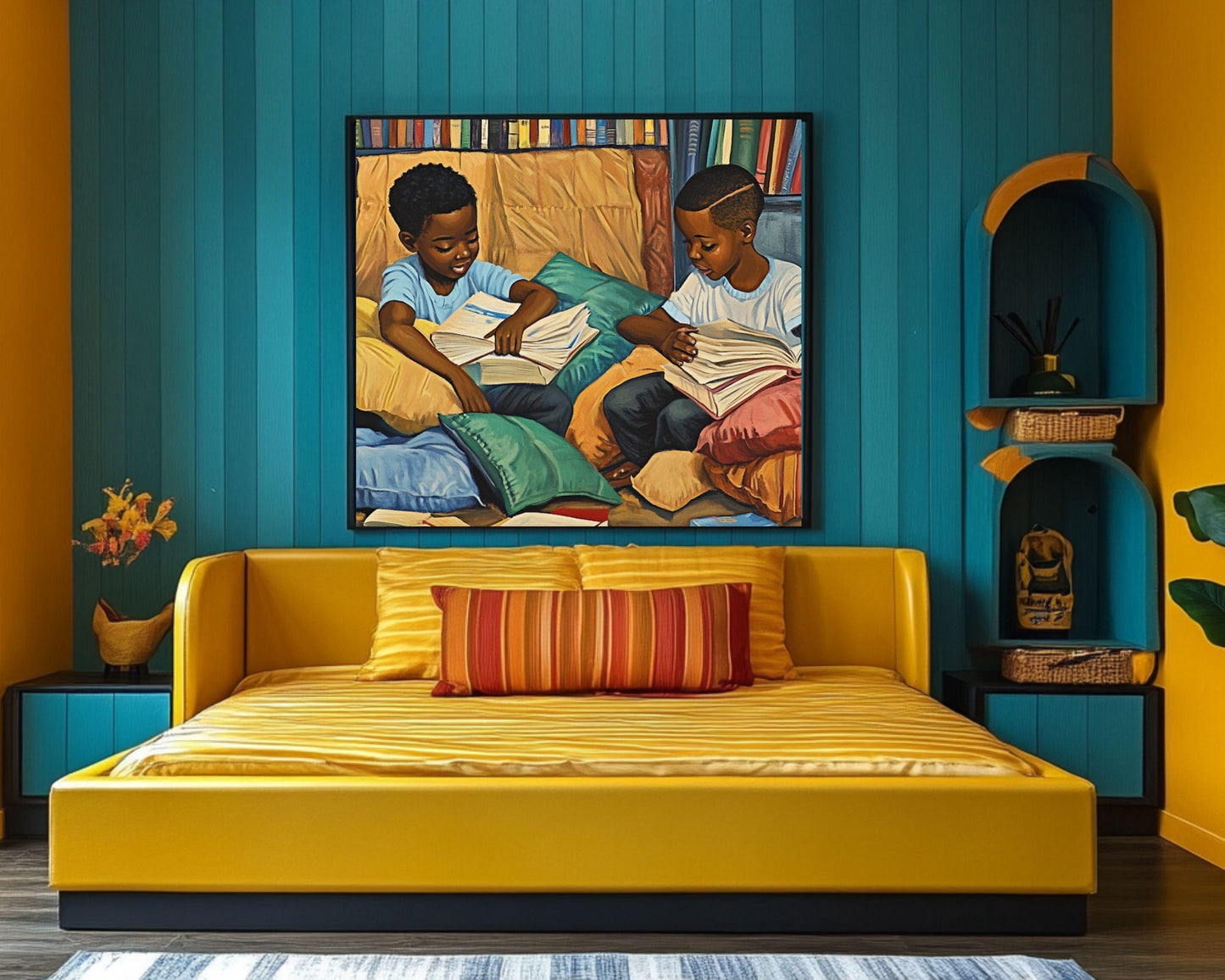 Black Boys Reading Together | Afrocentric Educational Wall Art | Inspiring Kids Room Decor Celebrating Literacy & Brotherhood