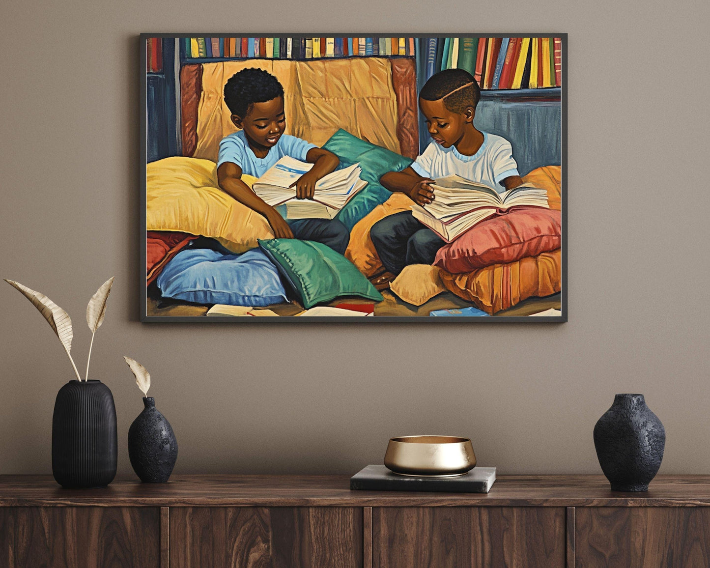 Black Boys Reading Together | Afrocentric Educational Wall Art | Inspiring Kids Room Decor Celebrating Literacy & Brotherhood