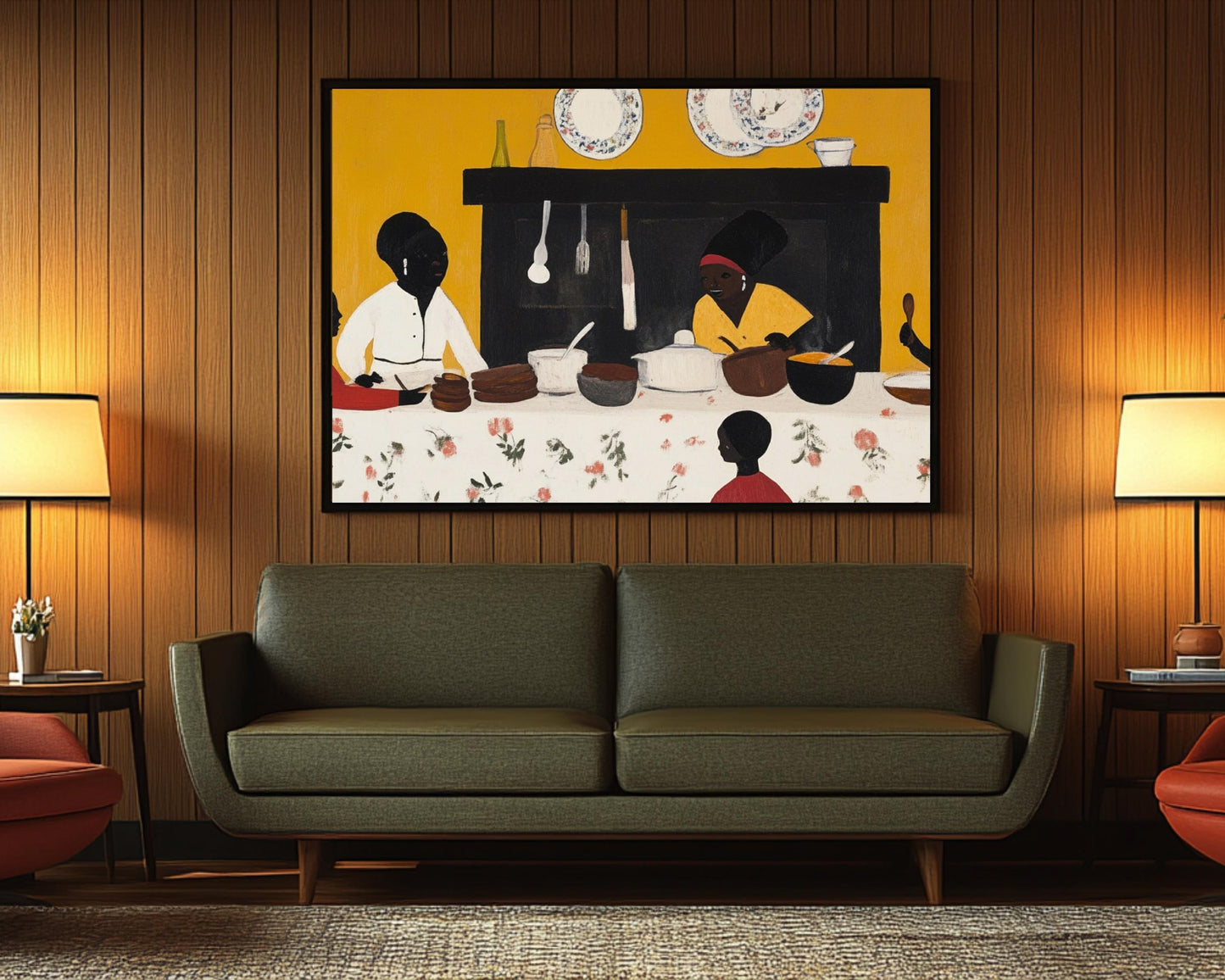 Afrocentric Family Gathering | Black Heritage Folk Art | Vibrant Painting Celebrating Tradition & Togetherness