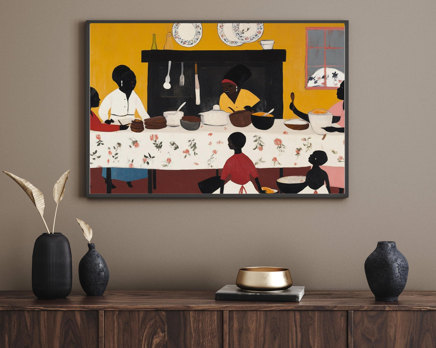 Afrocentric Family Gathering | Black Heritage Folk Art | Vibrant Painting Celebrating Tradition & Togetherness