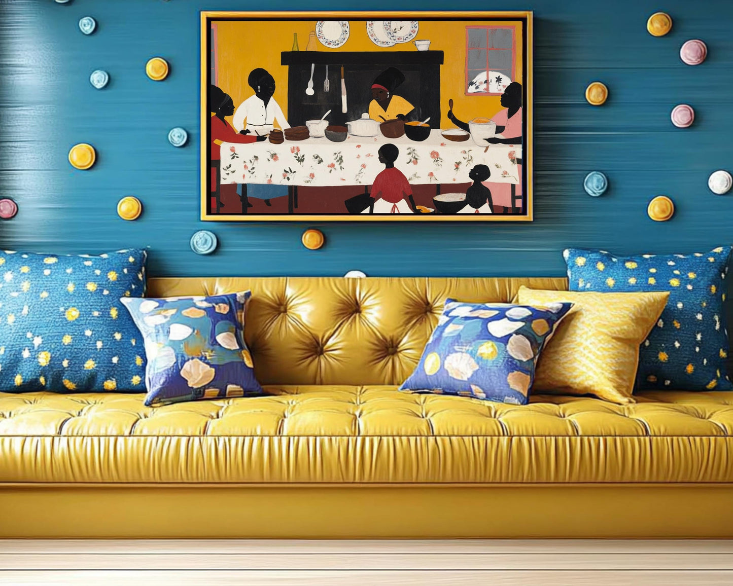 Afrocentric Family Gathering | Black Heritage Folk Art | Vibrant Painting Celebrating Tradition & Togetherness