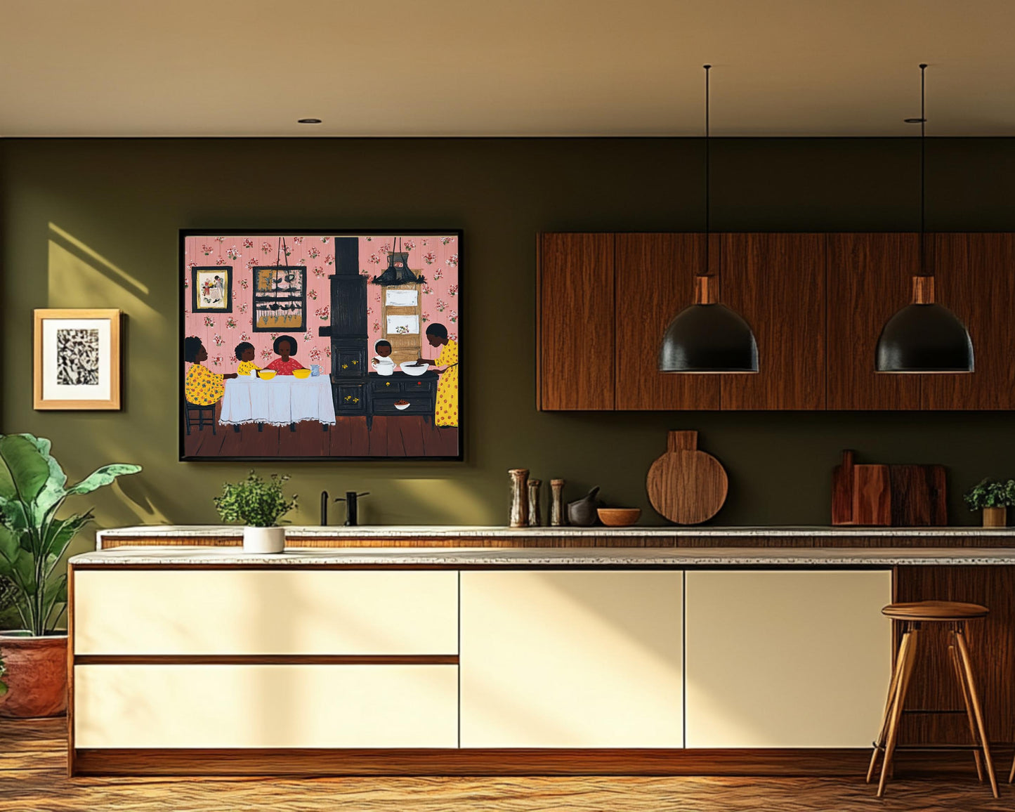 Afrocentric Family Kitchen Scene | Black Heritage Folk Art | Warm and Nostalgic Painting Celebrating Family & Tradition