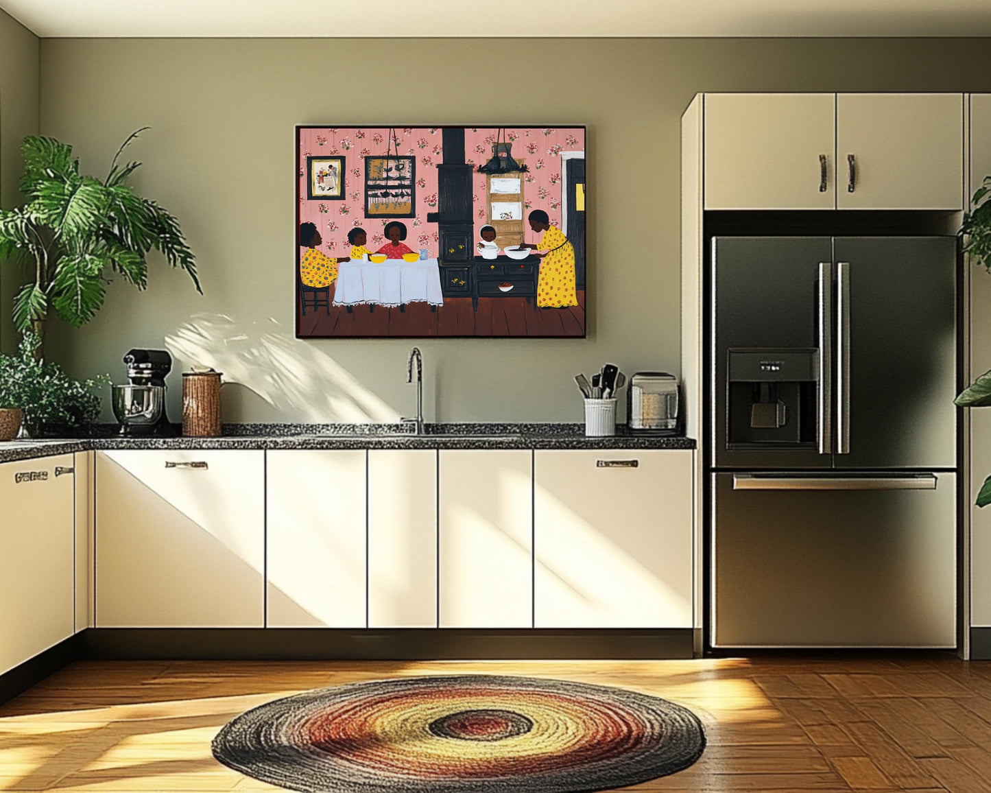 Afrocentric Family Kitchen Scene | Black Heritage Folk Art | Warm and Nostalgic Painting Celebrating Family & Tradition