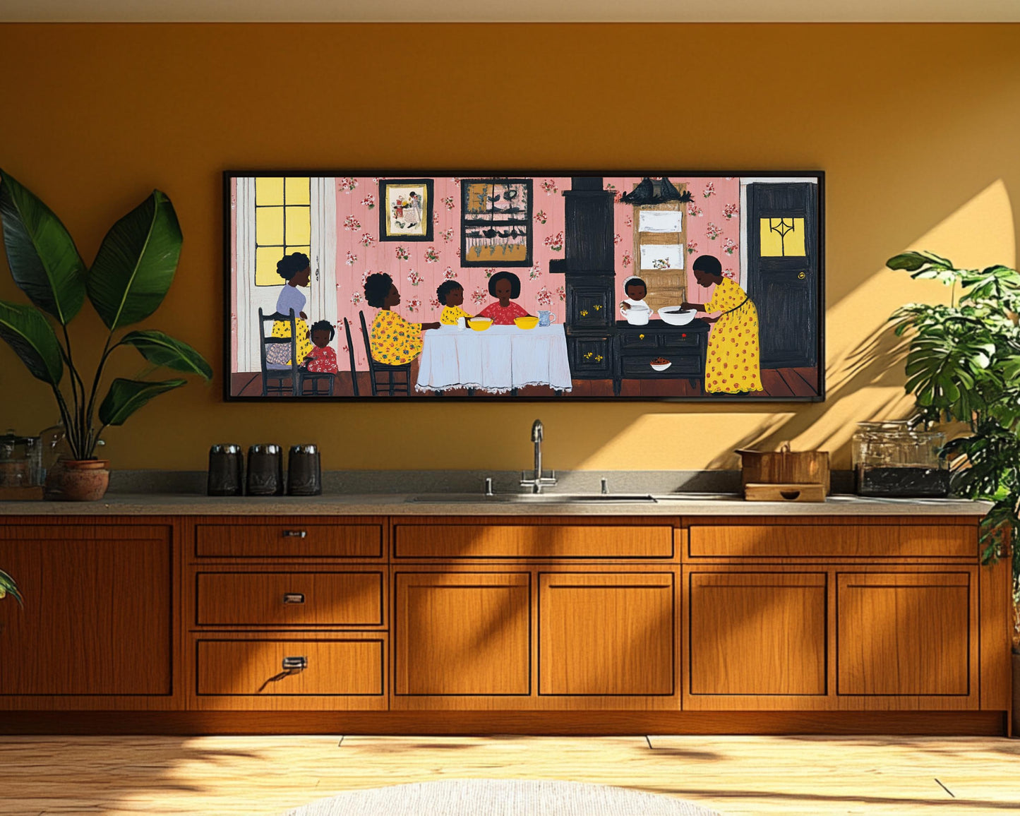 Afrocentric Family Kitchen Scene | Black Heritage Folk Art | Warm and Nostalgic Painting Celebrating Family & Tradition