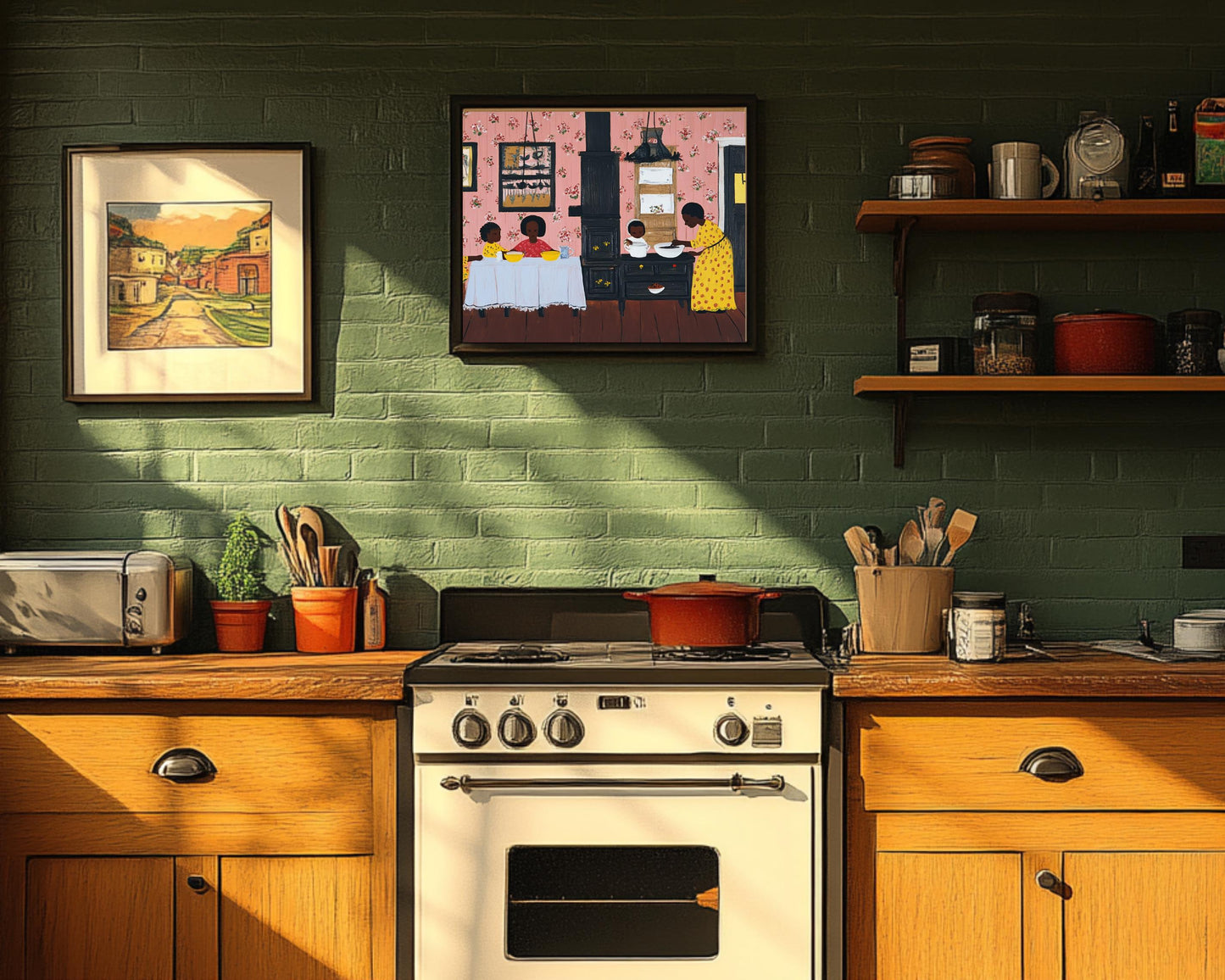 Afrocentric Family Kitchen Scene | Black Heritage Folk Art | Warm and Nostalgic Painting Celebrating Family & Tradition