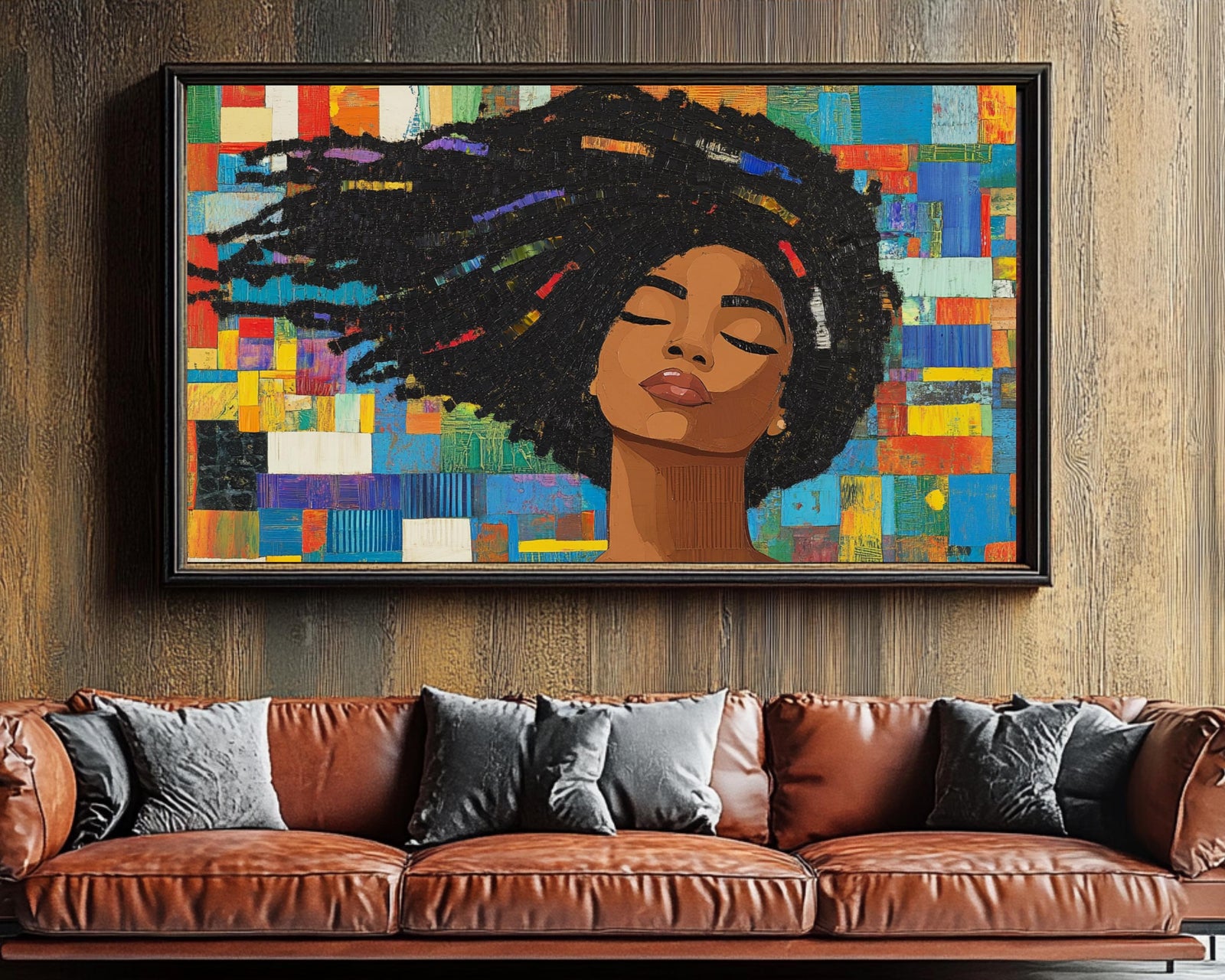 Elegant black woman with natural hair, celebrating beauty in this striking African American wall art canvas.