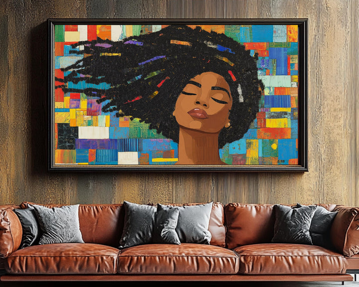 Elegant black woman with natural hair, celebrating beauty in this striking African American wall art canvas.