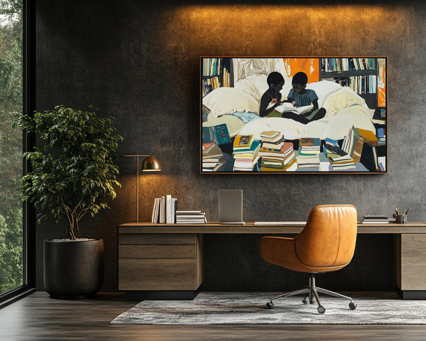 Black Siblings Reading Together | African American Art | Cozy Book Lover’s Canvas Print | Melanin Wall Art | Home Library Decor