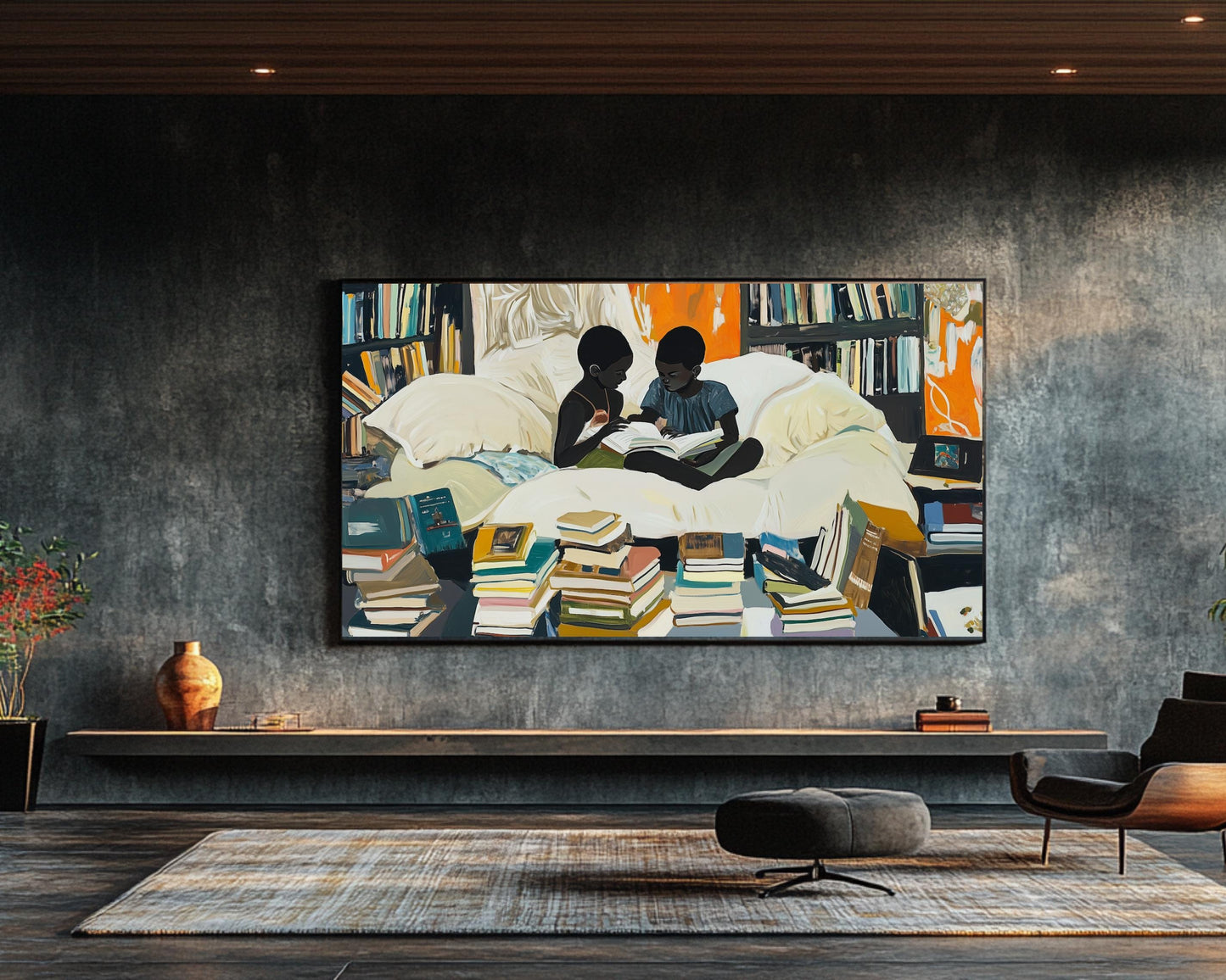 Black Siblings Reading Together | African American Art | Cozy Book Lover’s Canvas Print | Melanin Wall Art | Home Library Decor