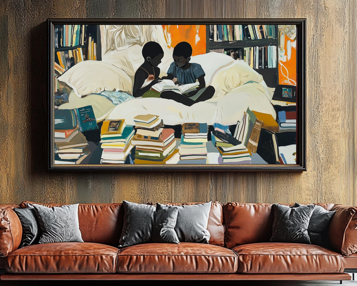 Black Siblings Reading Together | African American Art | Cozy Book Lover’s Canvas Print | Melanin Wall Art | Home Library Decor