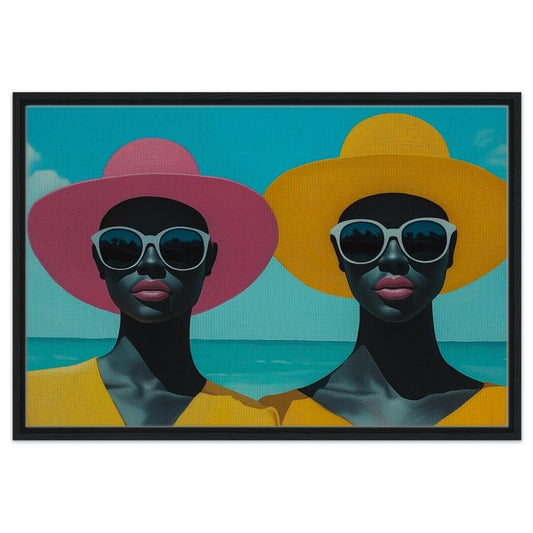 Bold Beach Duo Art | Afrocentric Friends in Hats Canvas | Modern Black Portrait Wall Art | Vibrant Fashion Beach Decor | Empowering Afro Art