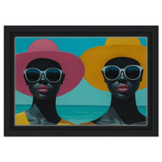 Black Women on Beach in Bold Hats Fashion cultural wall decor print by MoomZee Artwork