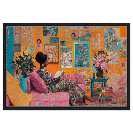 Black Woman Reading Art | Afrocentric Floral Interior Canvas | Colorful Vibrant Home Decor | Bold Modern Black Woman Wall Art