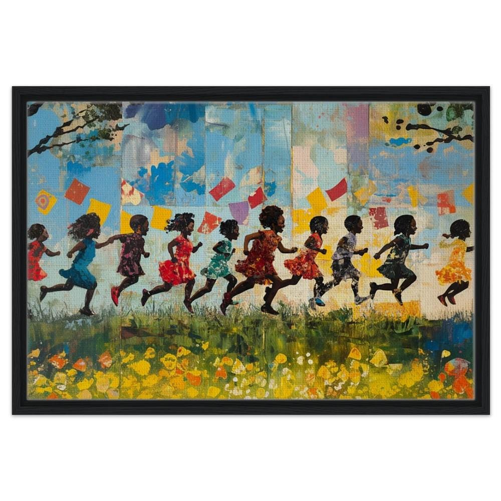 Framed Black Children Playing Art | Colorful Canvas of African American Kids | Joyful Black Childhood Wall Decor | Vibrant Home Art