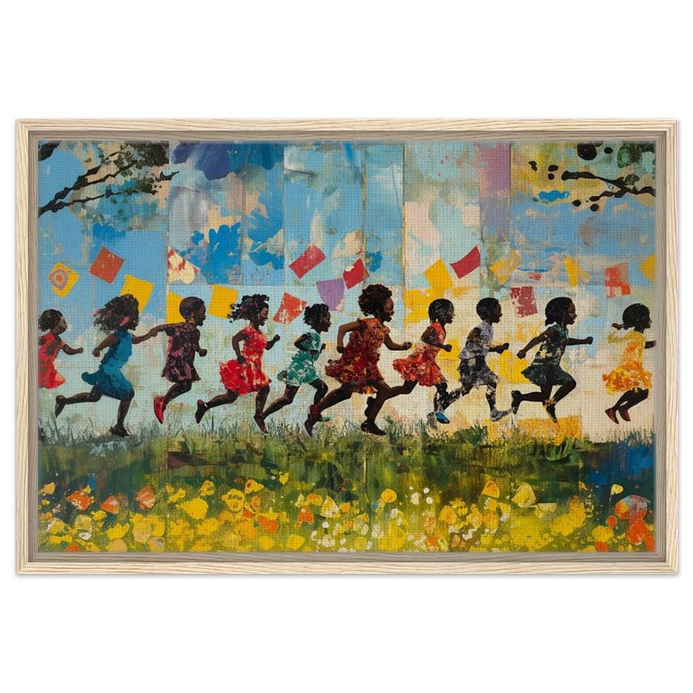 Framed Black Children Playing Art | Colorful Canvas of African American Kids | Joyful Black Childhood Wall Decor | Vibrant Home Art