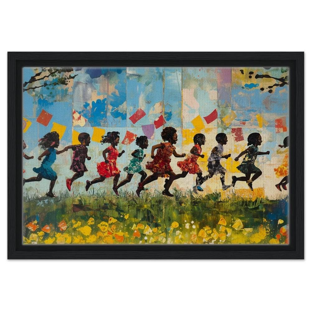 Framed Black Children Playing Art | Colorful Canvas of African American Kids | Joyful Black Childhood Wall Decor | Vibrant Home Art