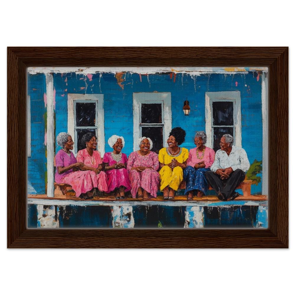 Framed African American Family Art | Multigenerational Porch Gathering Canvas | Black Community Wall Decor | Vibrant Home Art