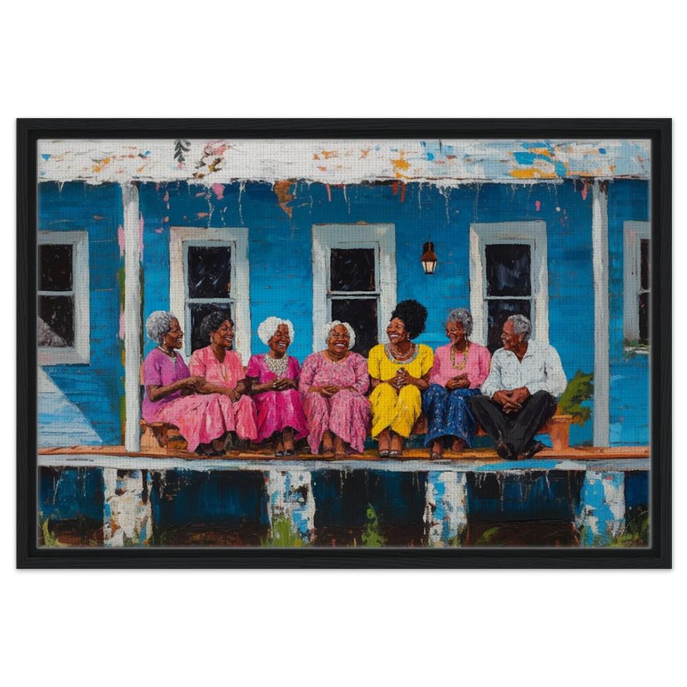 Framed African American Family Art | Multigenerational Porch Gathering Canvas | Black Community Wall Decor | Vibrant Home Art