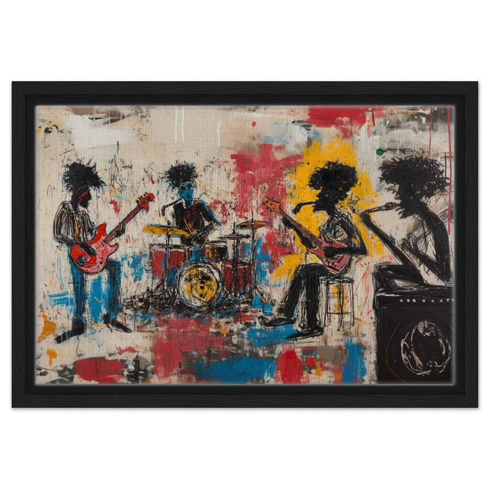 Framed Black Musicians Art | Graffiti Style Band Jam Canvas | African American Music Wall Art | Bold Basquiat-Inspired Decor