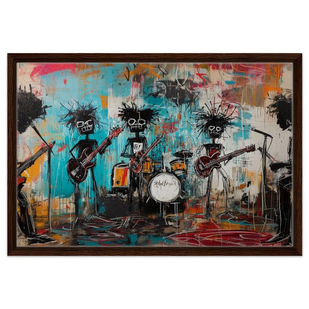 Framed Black Musicians Art | Basquiat-Inspired Graffiti Band Canvas | African American Music Wall Decor | Bold Urban Jam Session Art