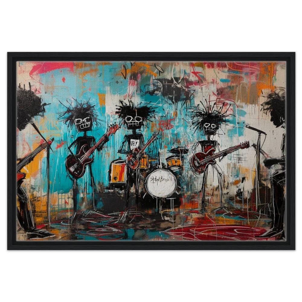 Framed Black Musicians Art | Basquiat-Inspired Graffiti Band Canvas | African American Music Wall Decor | Bold Urban Jam Session Art