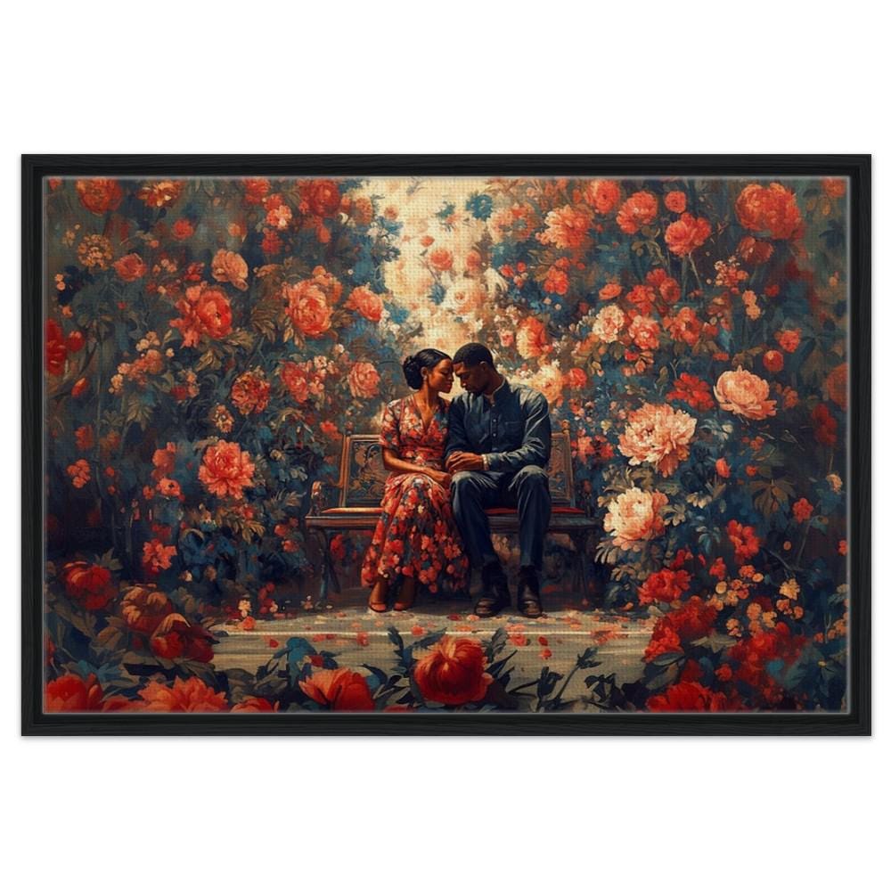 Romantic black couple surrounded by vibrant flowers, perfect for african american wall art enthusiasts.
