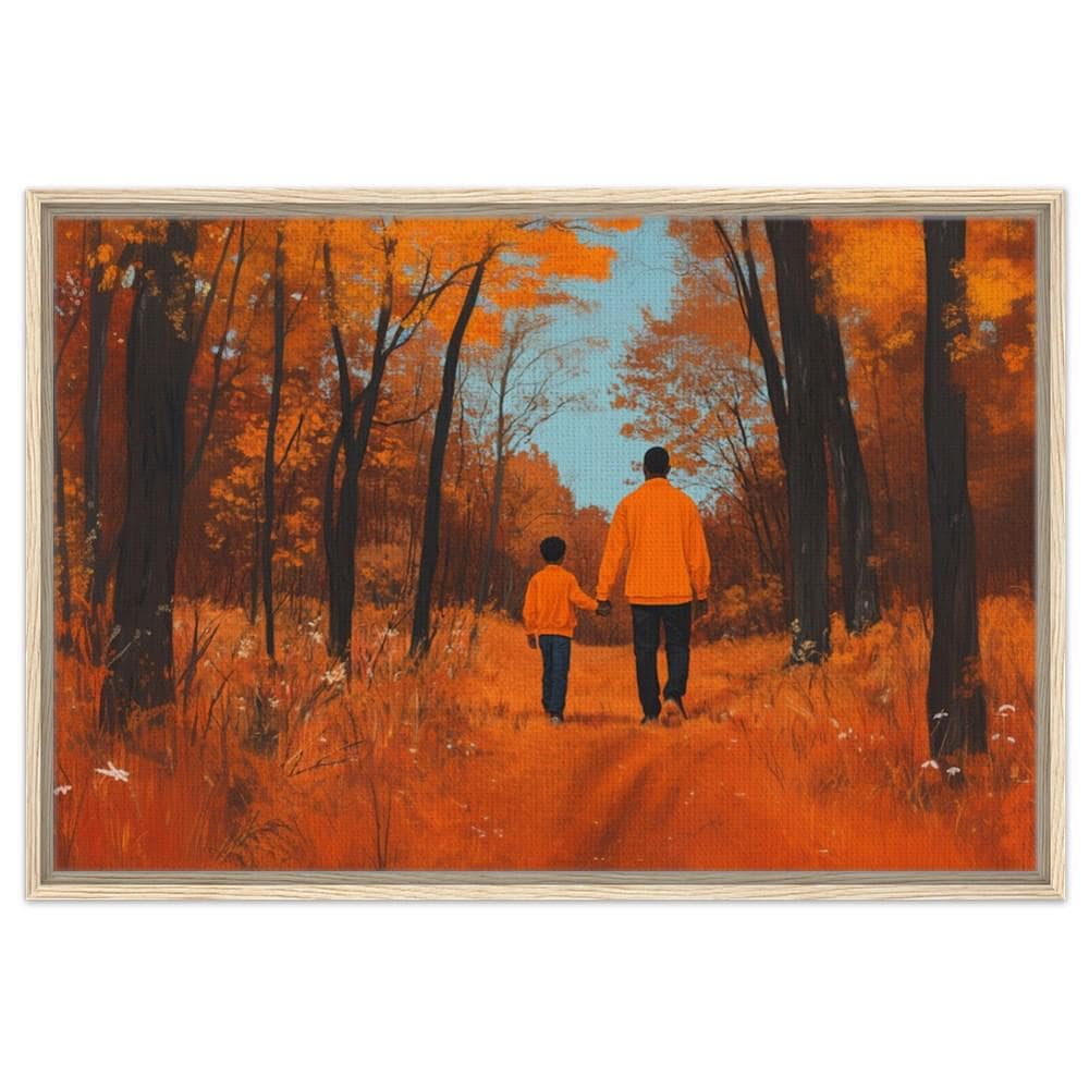 Framed Black Father and Son Art | African American Family in Nature | Autumn Walk Canvas | Heartwarming Wall Decor for Home