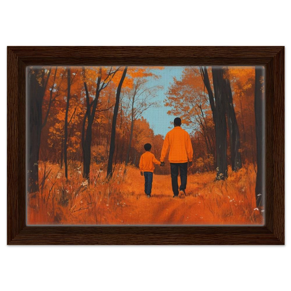 Framed Black Father and Son Art | African American Family in Nature | Autumn Walk Canvas | Heartwarming Wall Decor for Home