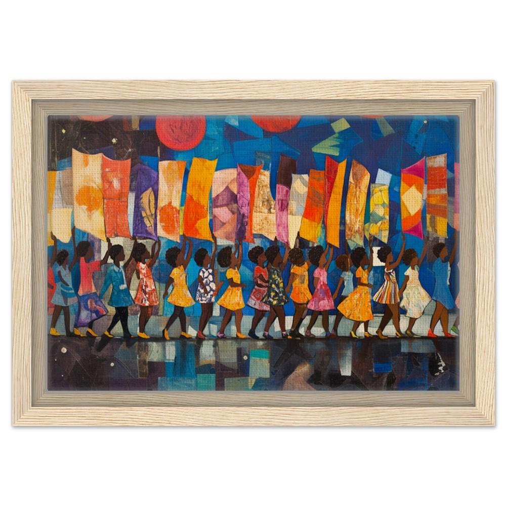 Framed Black Children Marching Art | African American Unity Canvas | Vibrant Colorful Wall Decor | Modern Home Art