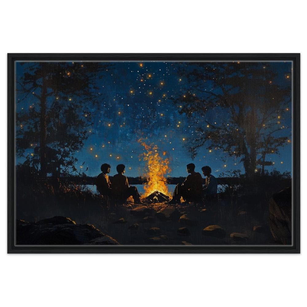 Black Family Campfire canvas art, featuring an African American family gathered around a campfire in a serene nature setting.