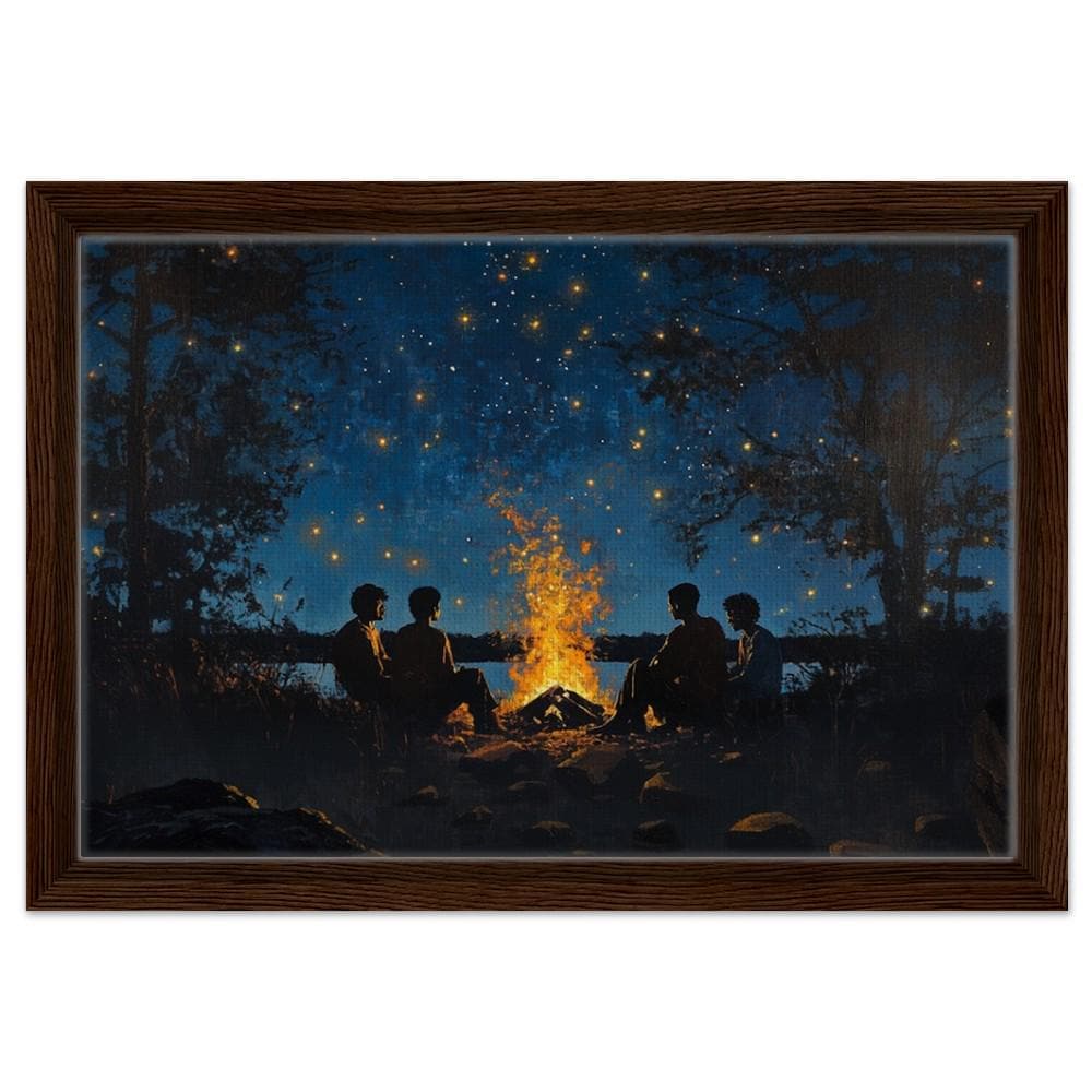 Framed Black Family Campfire Art | African American Night Sky Canvas | Peaceful Outdoor Wall Decor | Modern Home Art